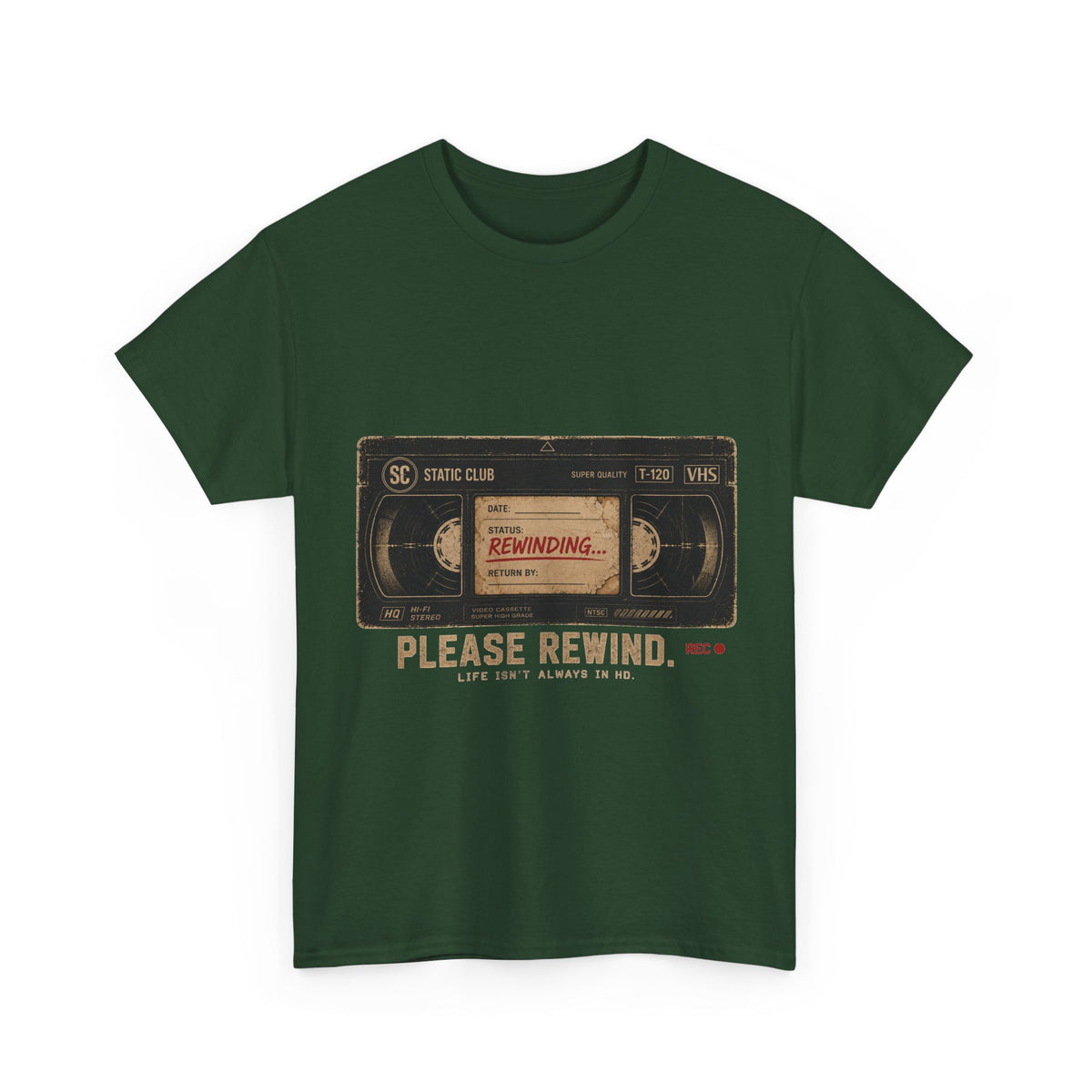 Static Club "Please Rewind" VHS T-Shirt | Retro Vintage Movie Graphic Tee