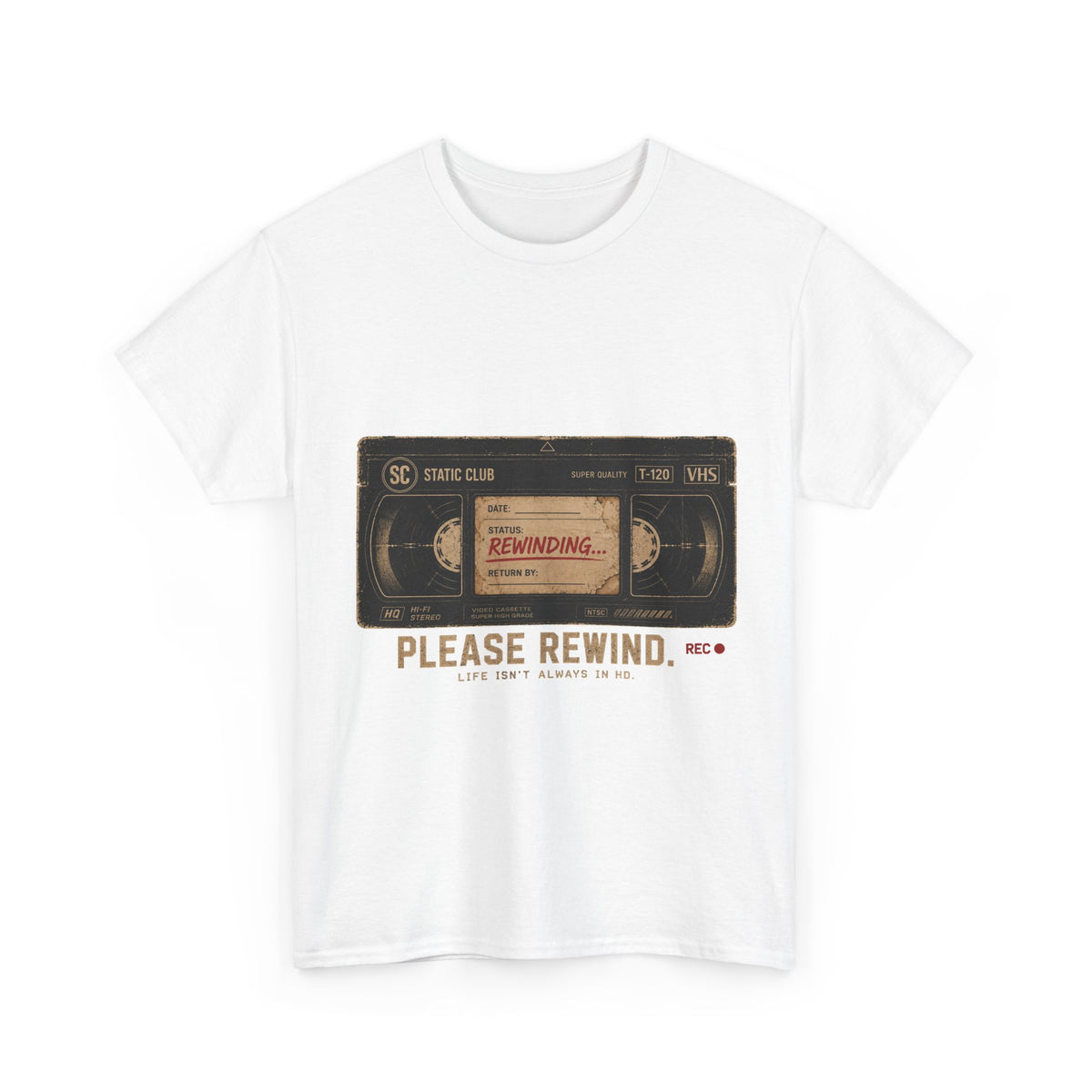 Static Club "Please Rewind" VHS T-Shirt | Retro Vintage Movie Graphic Tee