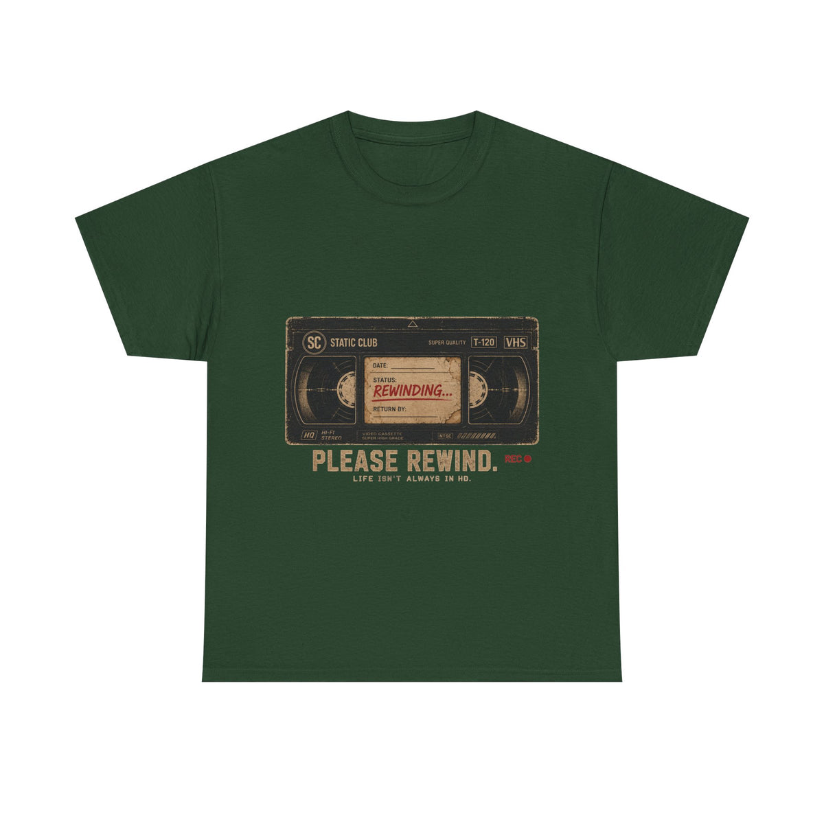 Static Club "Please Rewind" VHS T-Shirt | Retro Vintage Movie Graphic Tee