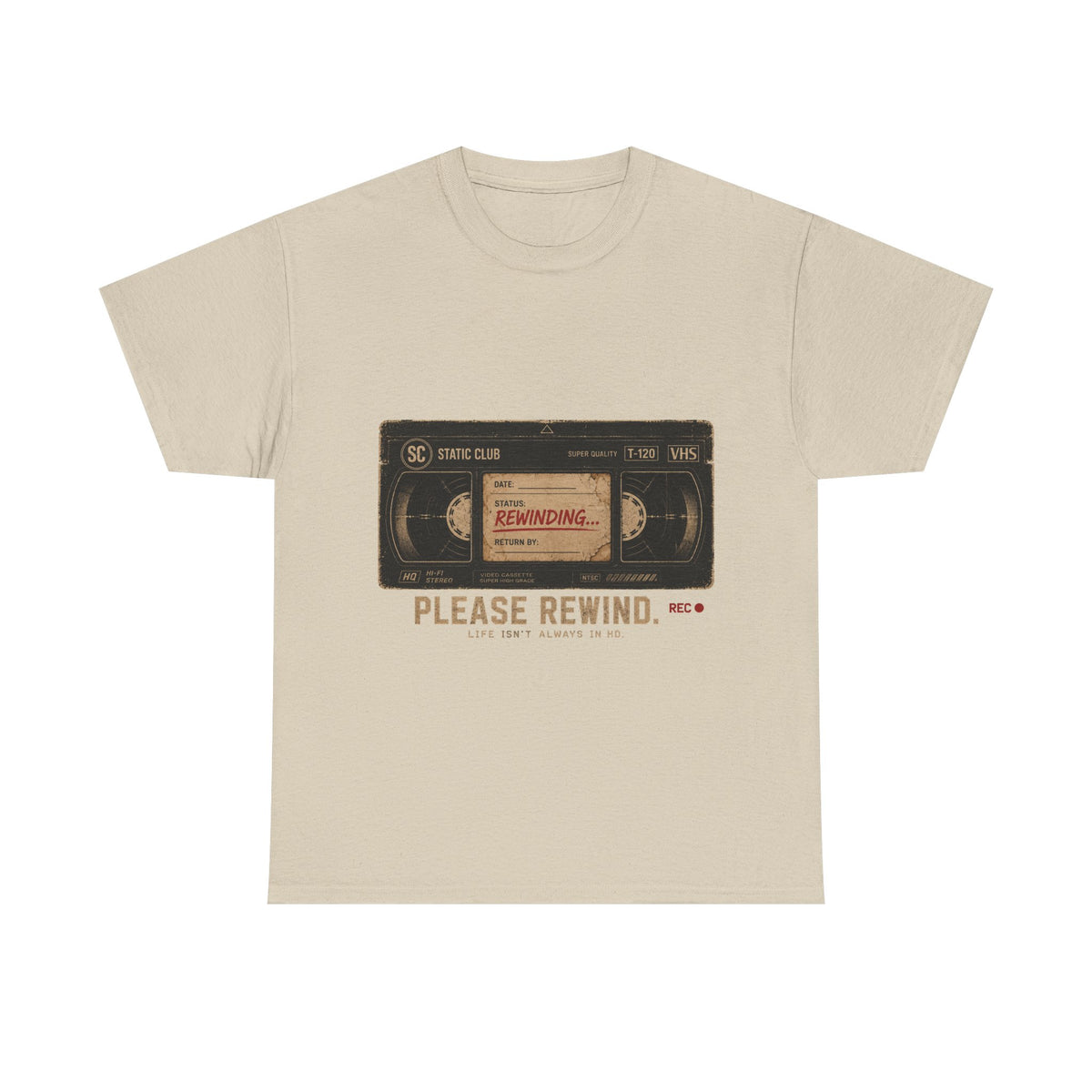 Static Club "Please Rewind" VHS T-Shirt | Retro Vintage Movie Graphic Tee