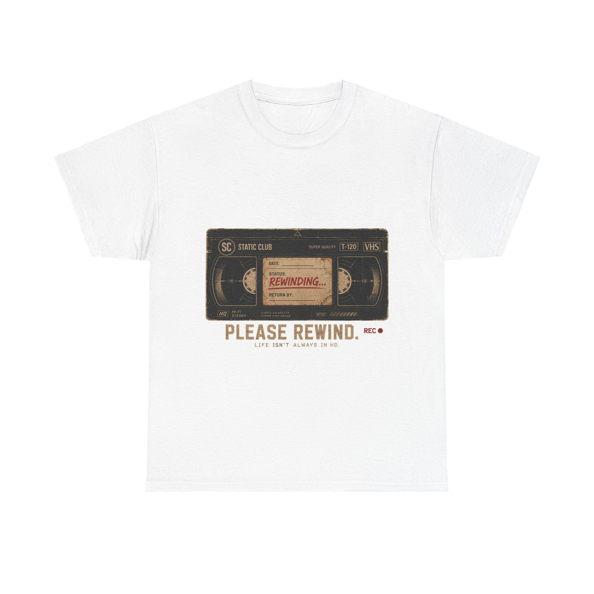 Static Club "Please Rewind" VHS T-Shirt | Retro Vintage Movie Graphic Tee