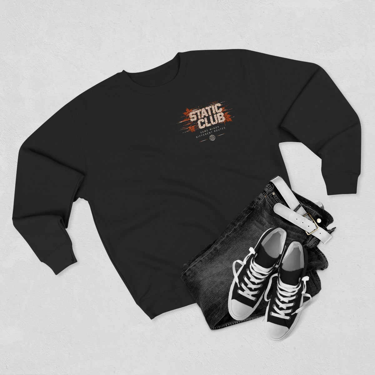 STATIC CLUB Autumn Crewneck Sweatshirt — “Same Minds. Different Routes.”