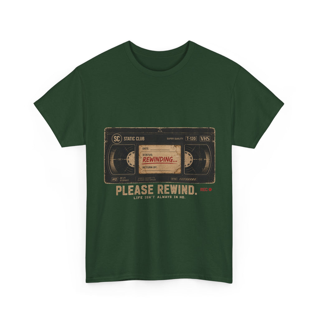 Static Club "Please Rewind" VHS T-Shirt | Retro Vintage Movie Graphic Tee
