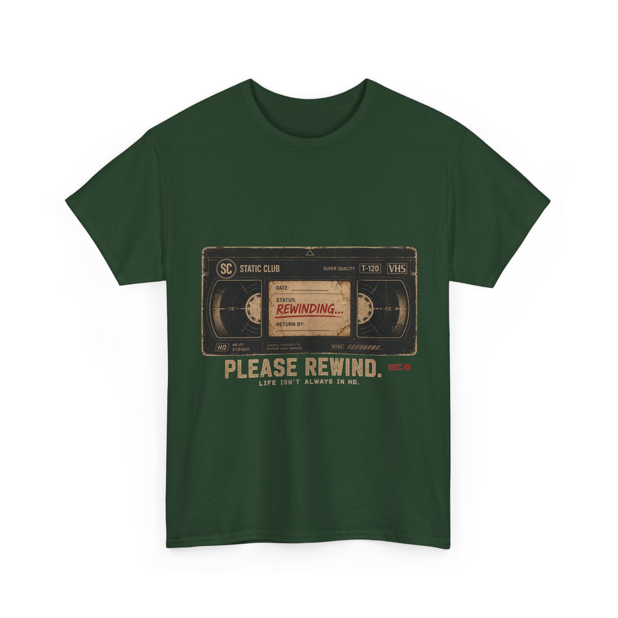 Static Club "Please Rewind" VHS T-Shirt | Retro Vintage Movie Graphic Tee