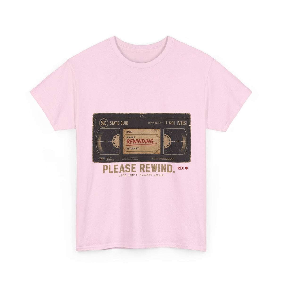 Static Club "Please Rewind" VHS T-Shirt | Retro Vintage Movie Graphic Tee