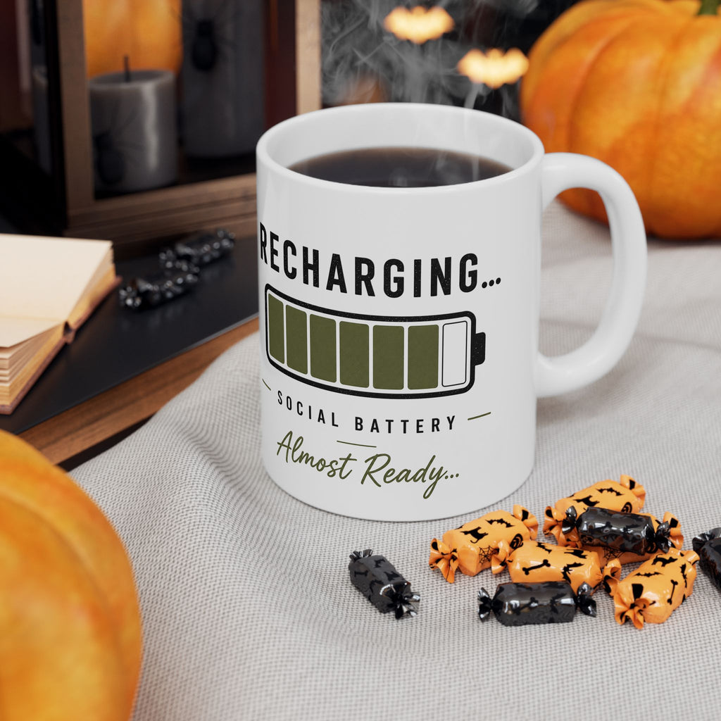 Recharge Social Battery Ceramic Mug | Minimalist Coffee Mug | Introvert Gift | STATIC CLUB
