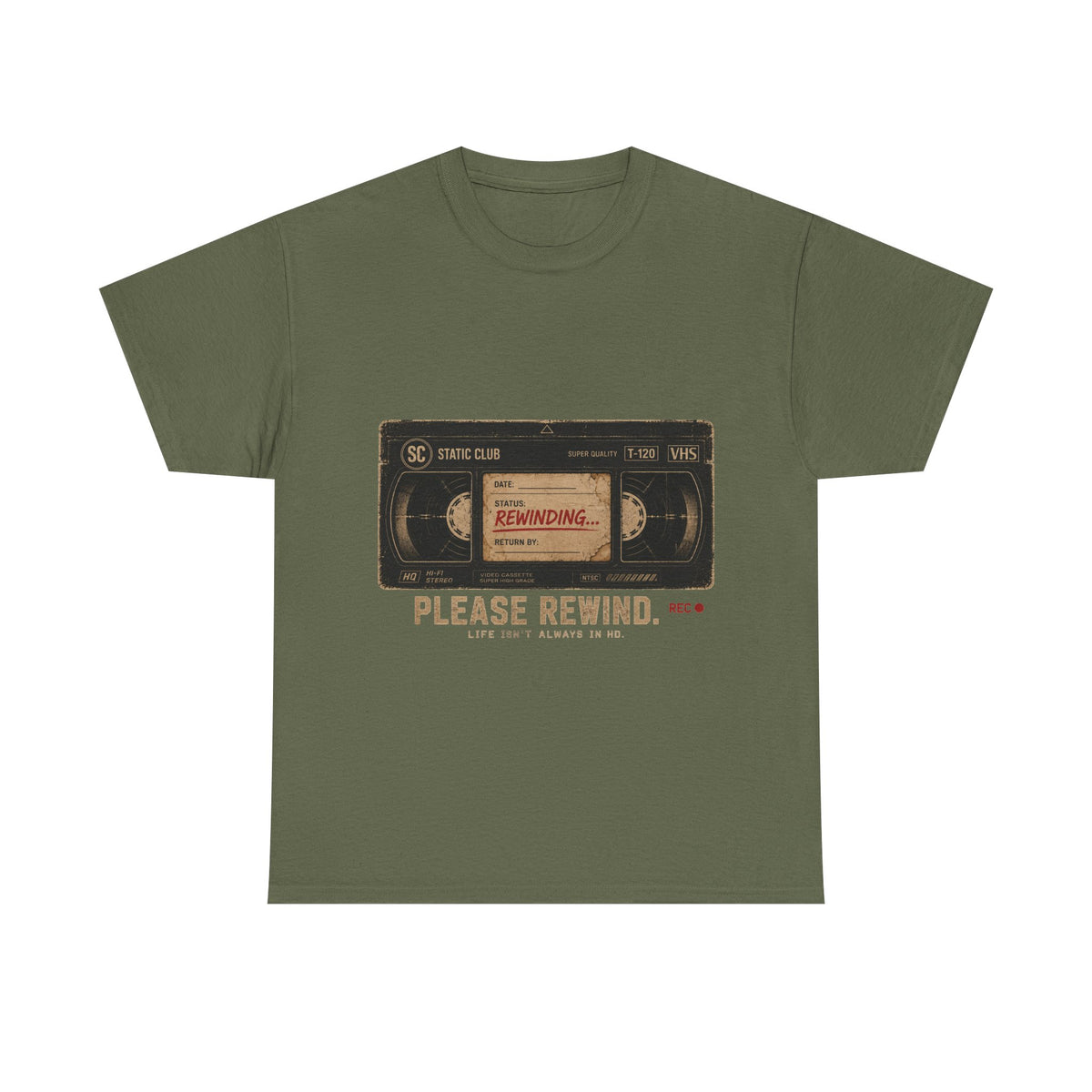Static Club "Please Rewind" VHS T-Shirt | Retro Vintage Movie Graphic Tee