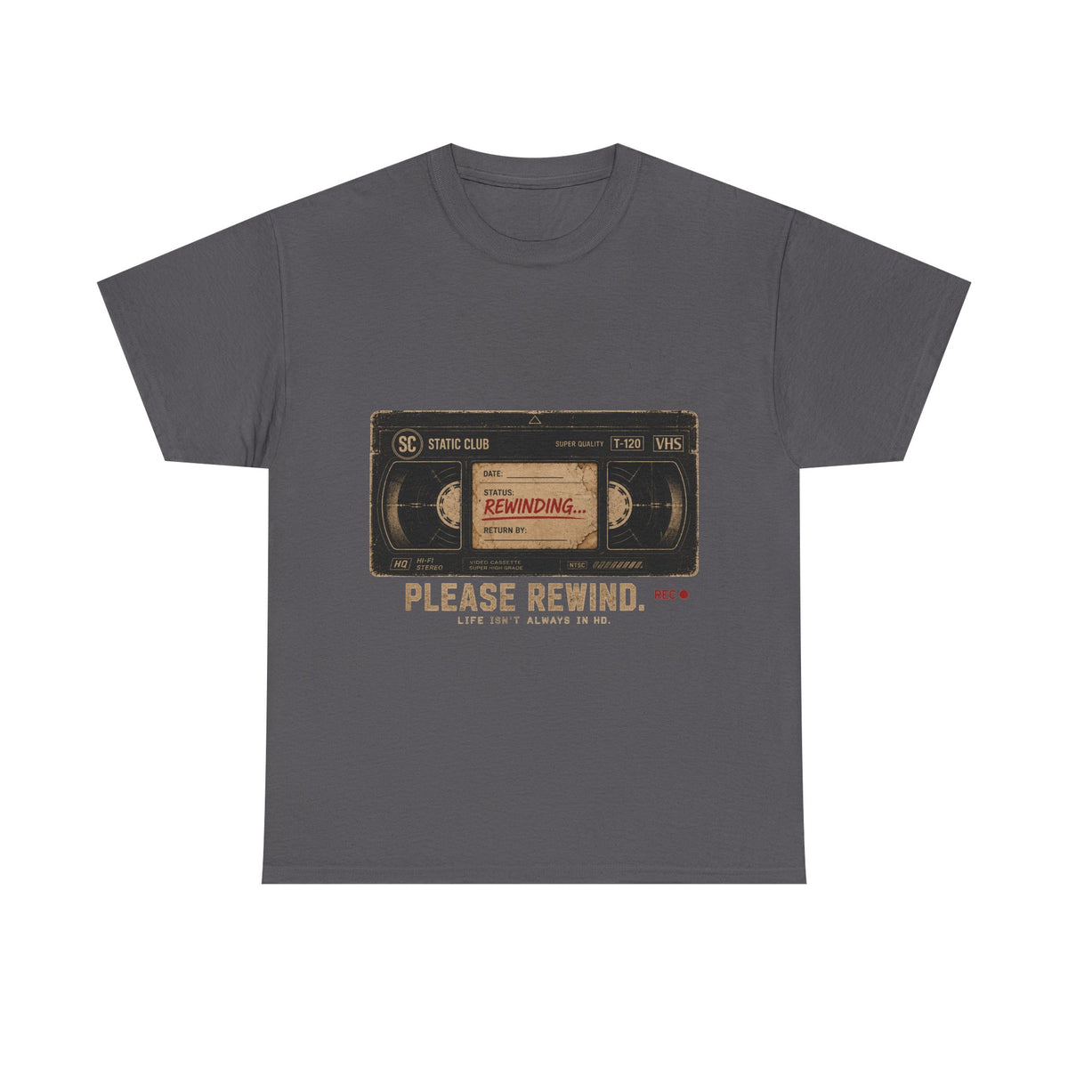 Static Club "Please Rewind" VHS T-Shirt | Retro Vintage Movie Graphic Tee