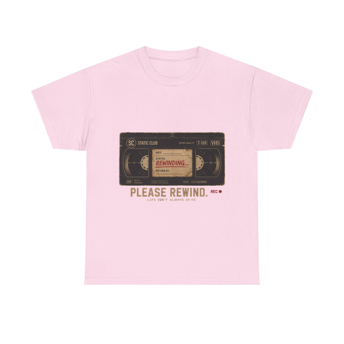 Static Club "Please Rewind" VHS T-Shirt | Retro Vintage Movie Graphic Tee