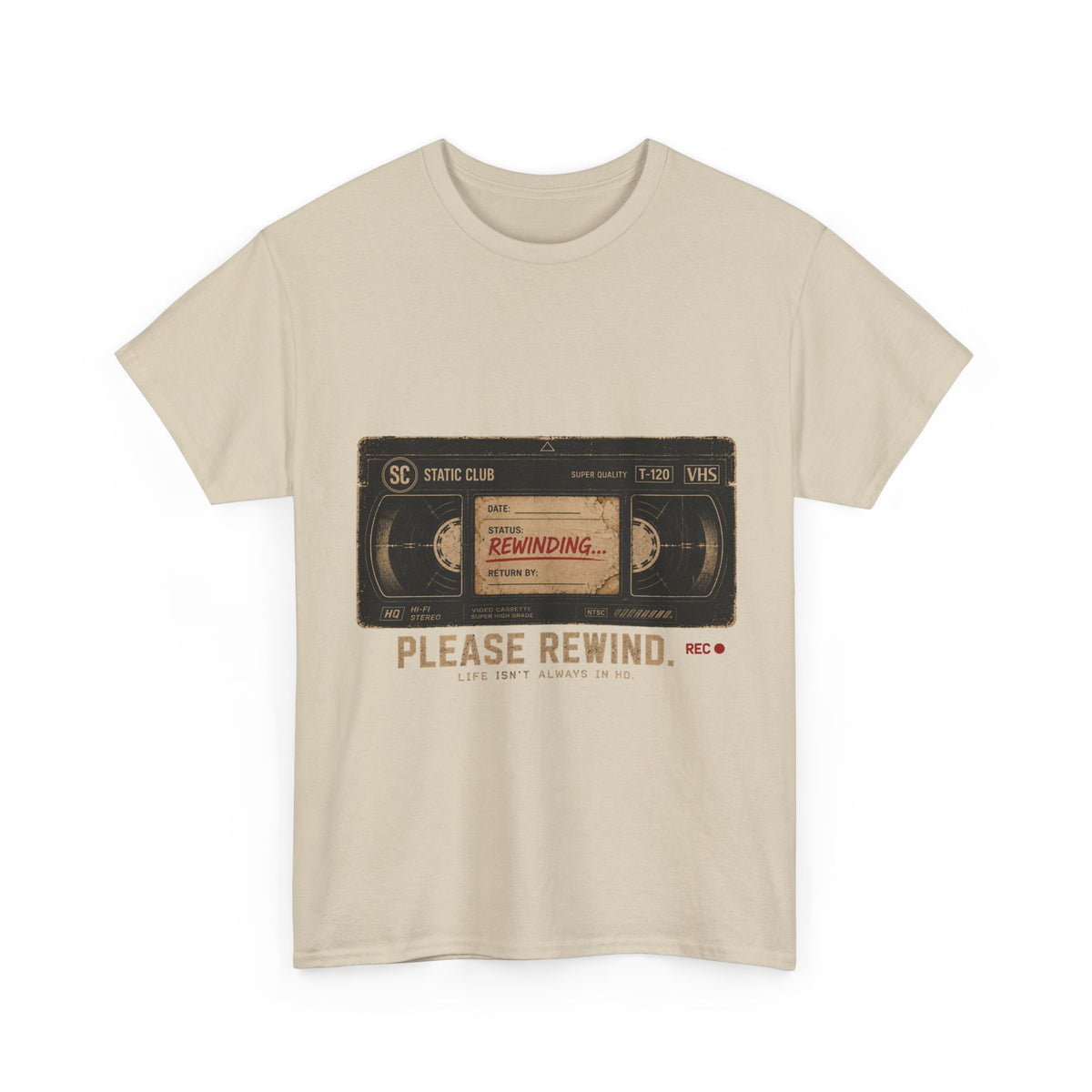 Static Club "Please Rewind" VHS T-Shirt | Retro Vintage Movie Graphic Tee