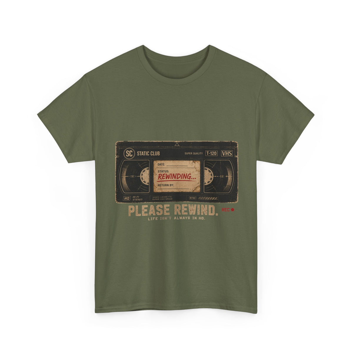 Static Club "Please Rewind" VHS T-Shirt | Retro Vintage Movie Graphic Tee