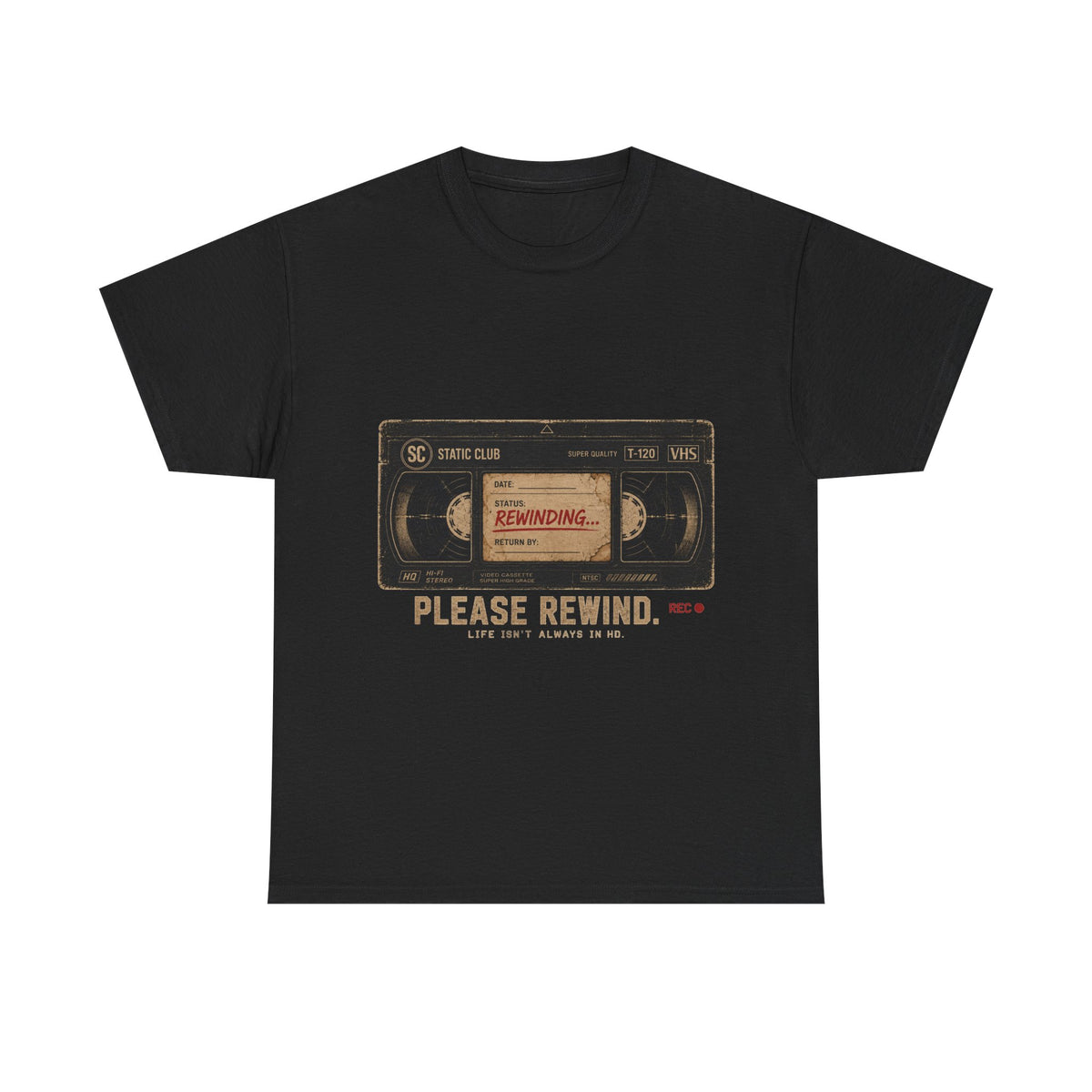Static Club "Please Rewind" VHS T-Shirt | Retro Vintage Movie Graphic Tee